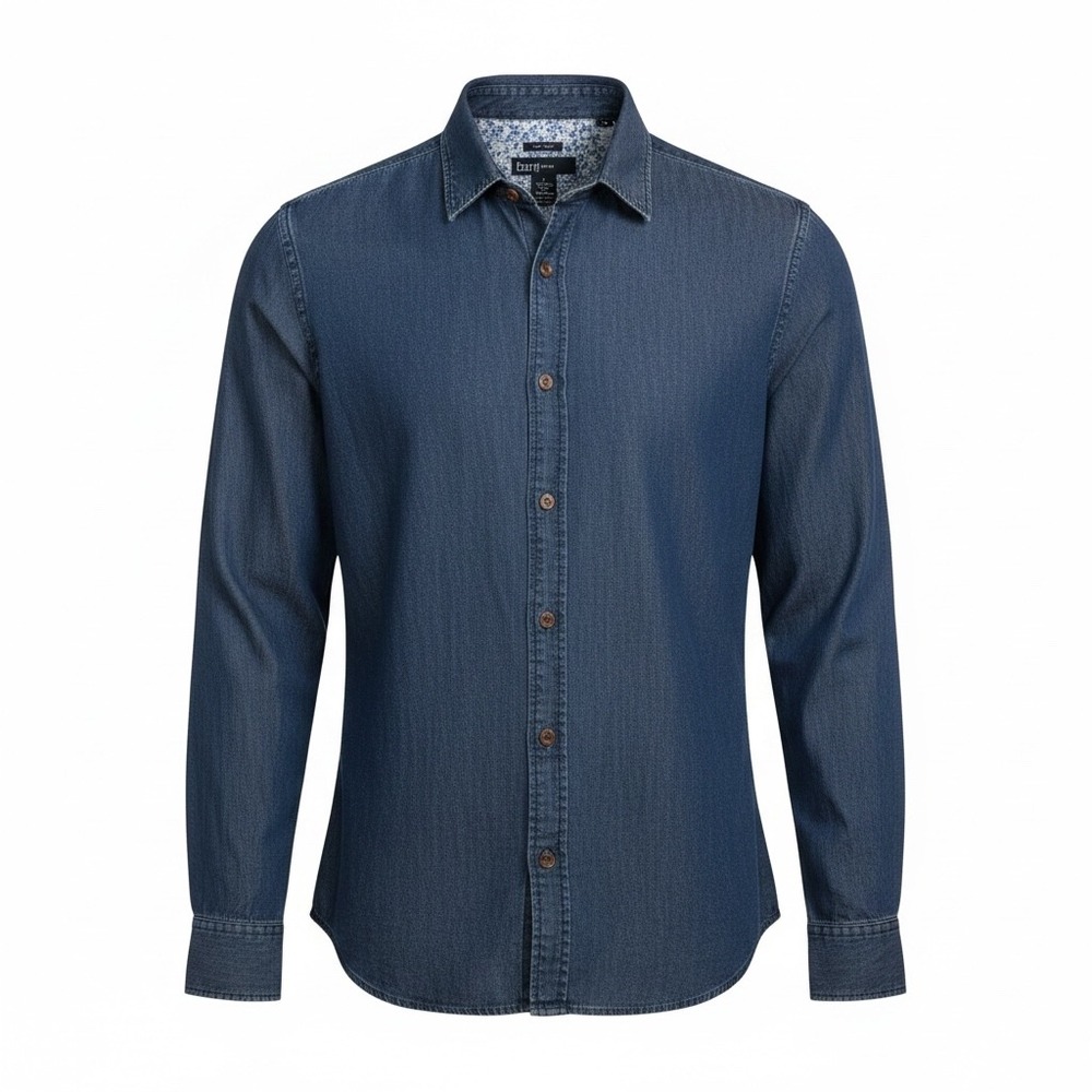 Bar III Slim Fit Button Down Shirt Indigo Blue Large Floral Trim Accent